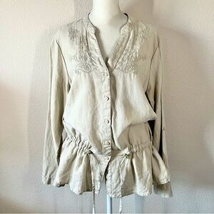 AUGUST SILK Linen Button Up Blouse Top Drawstring Neutral Vacation Beach Boho 1X